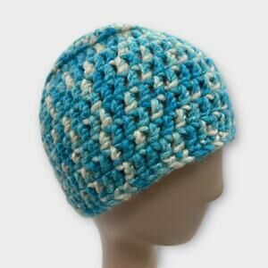 Crochet Blue White Glitter Shimmer Woven Beanie Cap Hat Winter Hat X-Small